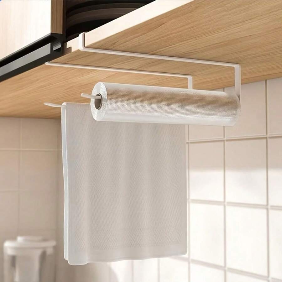 1pc Kitchen Paper Towel Holder, No-Drill Cabinet Hanging Roll Paper Rack, Dishcloth Oil-Absorbing Paper & Cling Film Holder, Kitchen Storage Rack - Multicolor - View 1