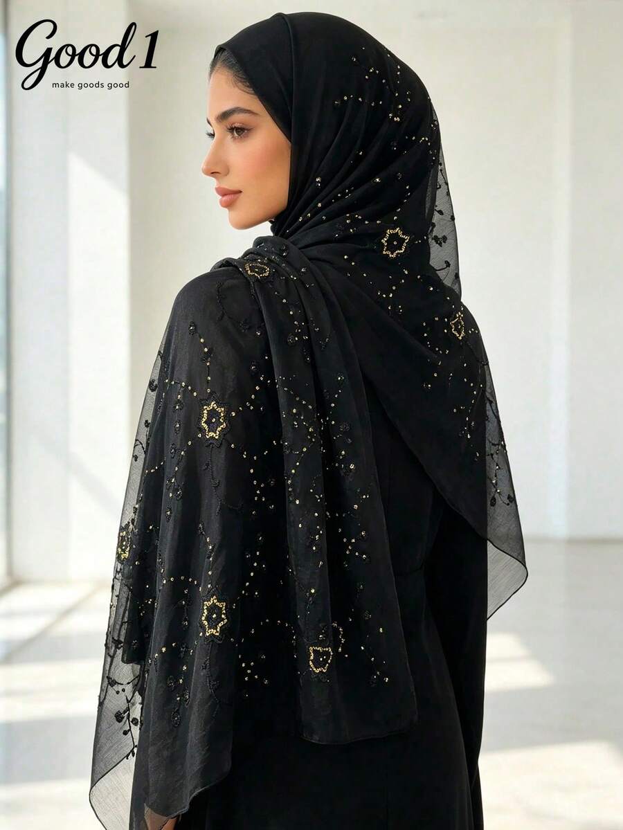 1pc High-End Starry Embroidered Shawl, Middle Eastern Muslim Headscarf, Wedding & Formal Event Accessory