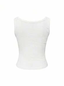 Women's Lace Patchwork Bow Decor Square Neck Fitted Tank Top, Spring/Summer Style White - White - View 9