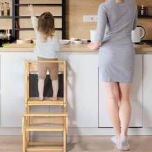 Wooden Kitchen Stool With Learning Tower Rail For Toddlers, Helper With Chalkboard - Khaki - View 9