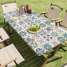 1 pieza Mantel elástico para exteriores con patrón floral vibrante - Cubierta de mesa rectangular de poliéster duradero, adecuada para camping, picnic, fiesta de jardín - Uso interior/exterior, fácil de limpiar y resistente a la intemperie, accesorio de picnic, tela a prueba de viento - A - Ver 1