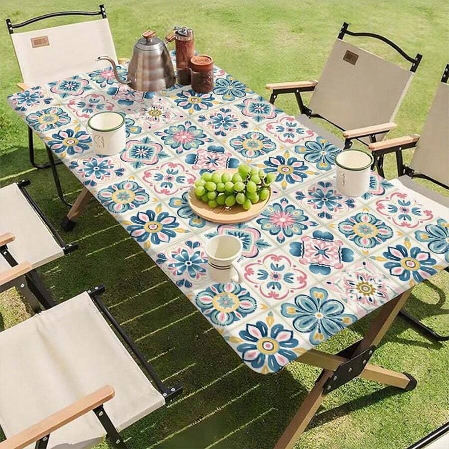 1 pieza Mantel elástico para exteriores con patrón floral vibrante - Cubierta de mesa rectangular de poliéster duradero, adecuada para camping, picnic, fiesta de jardín - Uso interior/exterior, fácil de limpiar y resistente a la intemperie, accesorio de picnic, tela a prueba de viento - A - Ver 1