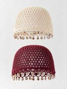 1 件女士轻质镂空贝壳装饰手工钩针针织帽，适合春夏秋季日常、沙滩、户外穿着 - 貝殼款 - 查看 16
