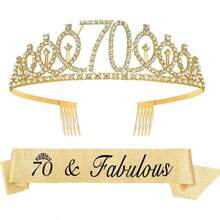 2 Buah/Set Mahkota & Selempang Berlian Imitasi Emas Mawar, Bando Sisir Ulang Tahun, Hadiah Dekorasi Pesta untuk Wanita Usia 18/21/30/40/50/60/70/80 Tahun, Aksesoris Pesta - Emas - View 16
