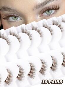 MAANGE 10 pares de pestañas postizas de estilo zorro de media mirada con tallo transparente, 4-14mm, aspecto natural de raza mixta, estilo de dibujos animados, pestañas postizas cortas y suaves de pelo de visón sintético 3D, pestañas postizas ligeras y esponjosas de estilo cruzado, que agrandan los ojos y alargan las colas de los ojos, adecuadas para uso diario, viajes de mujeres, fiestas, trabajo y otras ocasiones, pestañas postizas, pestañas postizas en tira - Marrón - Ver 1