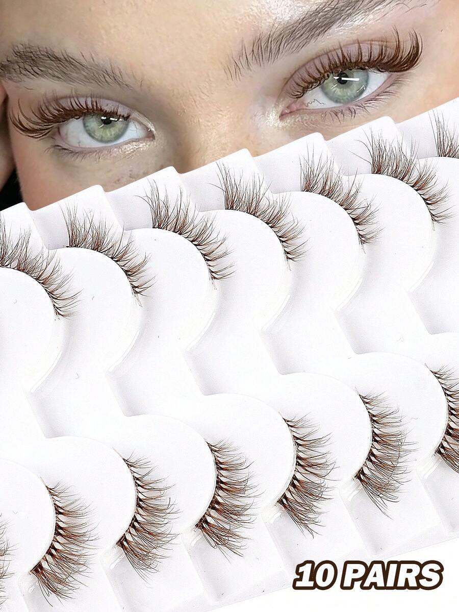 MAANGE 10 pares de pestañas postizas de estilo zorro de media mirada con tallo transparente, 4-14mm, aspecto natural de raza mixta, estilo de dibujos animados, pestañas postizas cortas y suaves de pelo de visón sintético 3D, pestañas postizas ligeras y esponjosas de estilo cruzado, que agrandan los ojos y alargan las colas de los ojos, adecuadas para uso diario, viajes de mujeres, fiestas, trabajo y otras ocasiones, pestañas postizas, pestañas postizas en tira - Marrón - Ver 1