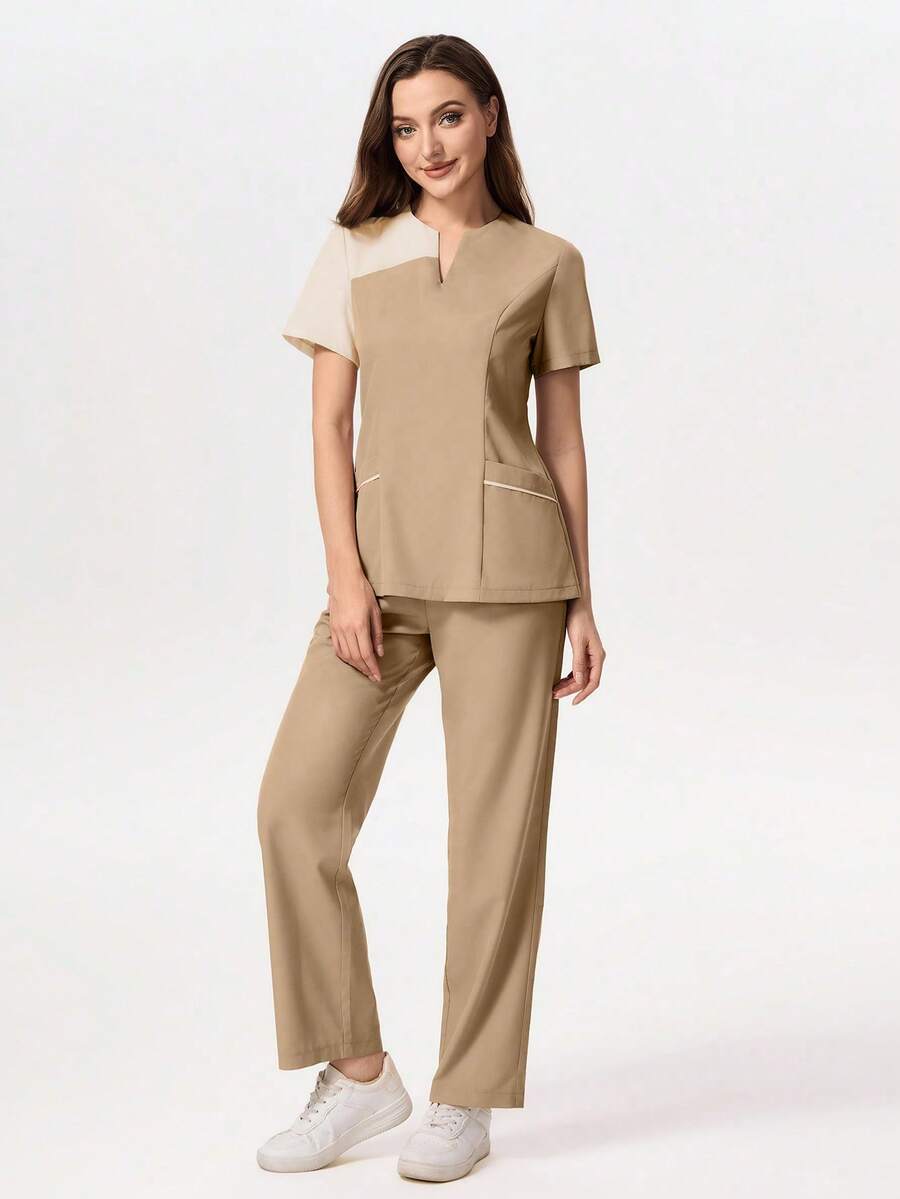 TaskEZ Medical Pajama Uniform Set With Short Sleeve V-Neck Top And Contrasting Pants - 卡其色 - 查看 1