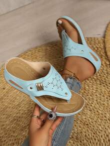 Plus Size Women's Fashion Comfortable Lace-Up Wedge Sandals - Cadet Blue - View 2