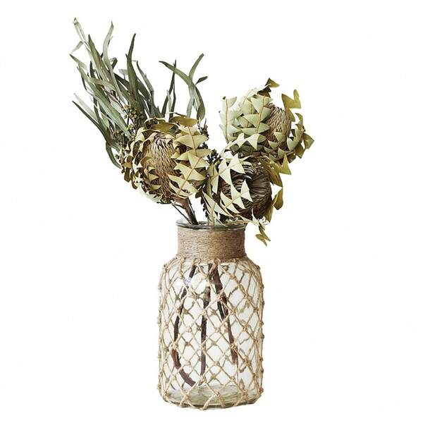 Handmade Hemp Rope Mesh Glass Vase, Dried Flower Arrangement Vase, Hydroponic Container, Rustic Vintage American Country Style Decor