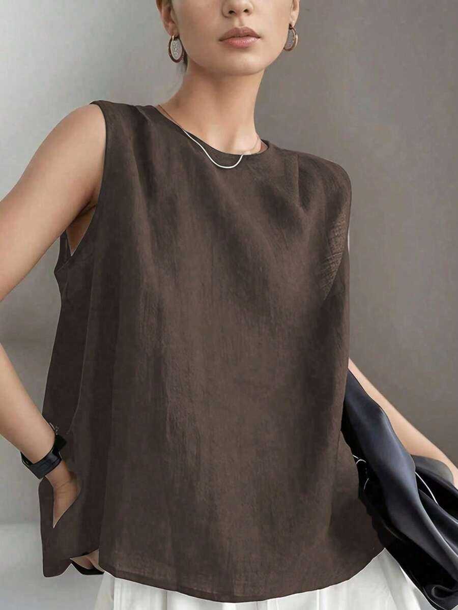 Plus Size Summer Casual Solid Color Sleeveless Top - Coffee Brown - View 1