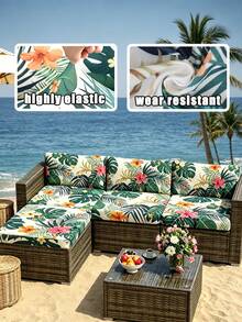 1pc Jungle Leaf Print Milk Silk Outdoor Sofa Cushion Cover, High Elasticity Dust-Proof Stain-Resistant Removable Washable All-Season Outdoor Rattan Sofa Cushion Protector - Multicolor - View 1