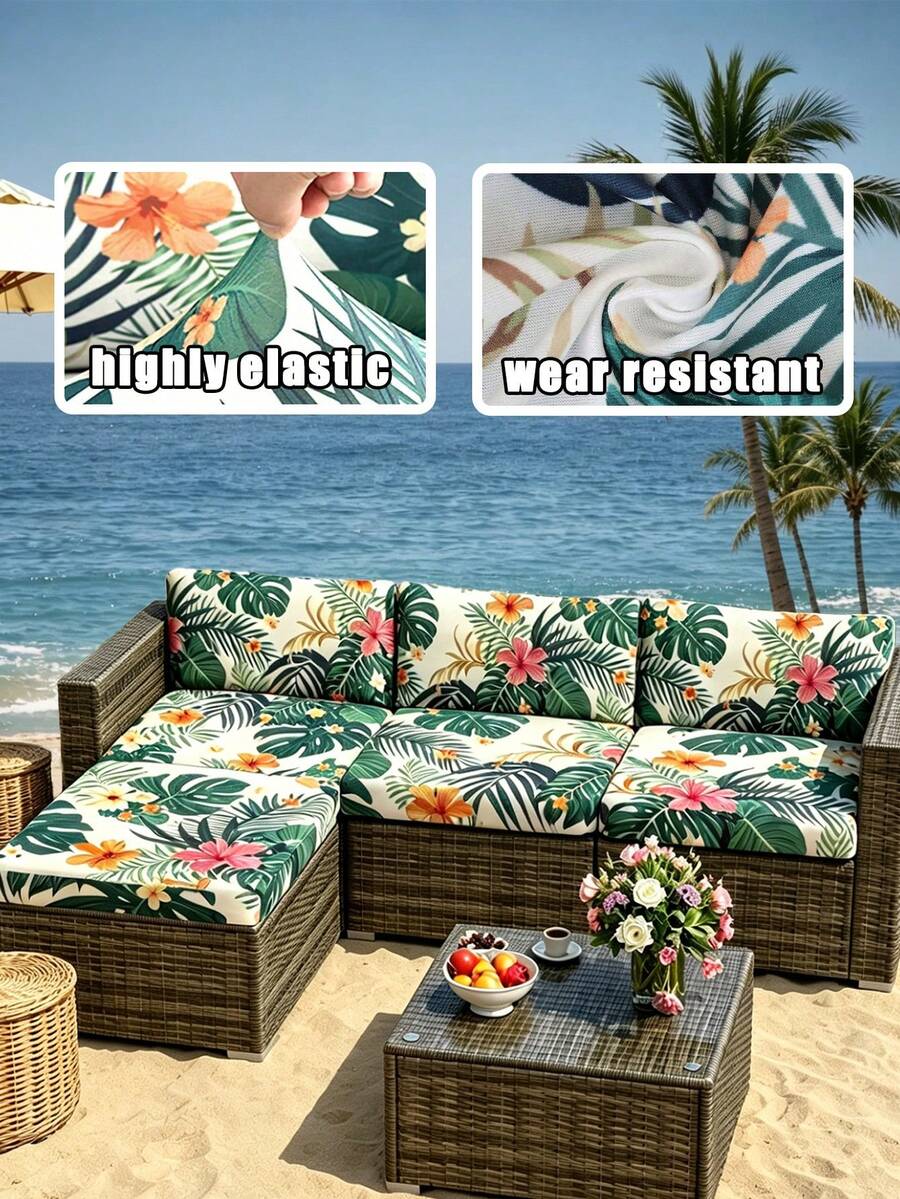 1pc Jungle Leaf Print Milk Silk Outdoor Sofa Cushion Cover, High Elasticity Dust-Proof Stain-Resistant Removable Washable All-Season Outdoor Rattan Sofa Cushion Protector - Multicolor - View 1