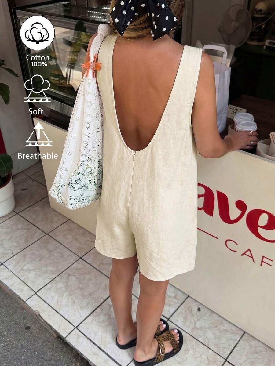 DORISS 夏季杏色無袖寬鬆短版連身褲 棉麻材質 休閒街頭工作旅行連身褲 - 鵝黃色 - 查看 1