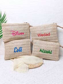 Personalized Embroidered Straw Makeup Bag, Lightweight Bohemian Style Straw Clutch, Bridal Party Gift, Gift For Her, Customized Toiletry Bag, Customized Embroidered Name, Customized Makeup Bag Organizer, Letter Embroidered Makeup Bag, Bridesmaid Gift Box, Suitable For Beach Vacation - Multicolor - View 7