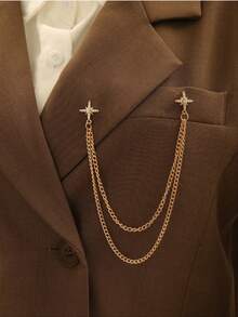 1pc Women's Double Layer Metal Chain Gold Rhinestone Cross Star Brooch, Detachable Fashion Decoration, Suitable For Daily Casual Wear And Holiday Gift - Gold - View 1
