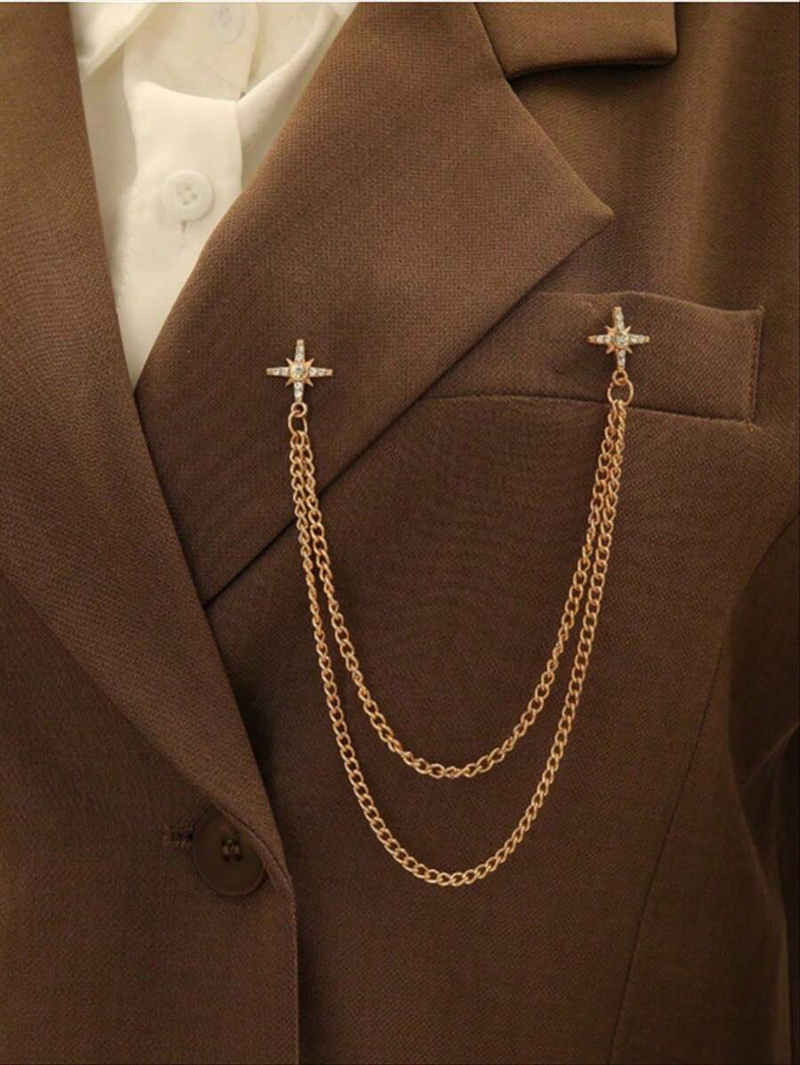 1pc Women's Double Layer Metal Chain Gold Rhinestone Cross Star Brooch, Detachable Fashion Decoration, Suitable For Daily Casual Wear And Holiday Gift - Gold - View 1