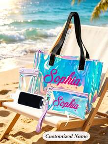 Beach Bag And Zipper Storage Bag, Rainbow PVC Beach Bag With Matching Cosmetic Bag And Waterproof Phone Pouch, Waterproof Laser Women's Shoulder Tote Mesh Bag, Suitable For Swimming Pool, Perfect For Storing Swimwear, Towels, Cosmetics - Multicolor - View 3
