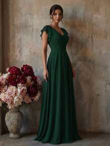 Deep Green V-Neck Flutter Sleeve Chiffon Maxi Bridesmaid Dress, Criss-Cross Twisted Waist Flared Skirt, Elegant Style For Spring Summer Fall Wedding - Dark Green - View 4
