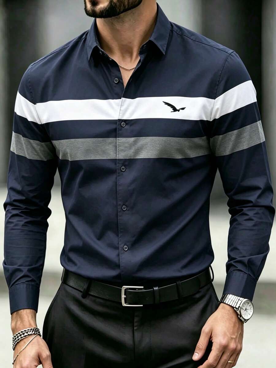 Men's Navy Blue Long Sleeve Button-Down Shirt, Turn-Down Collar Design ...