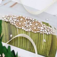 1pc Rhinestone Handmade Bridal Belt - Gold Applique+Organza White Ribbons - View 2