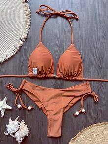 Solid Color Tie-Up Bikini Set, Vacation Beach Summer Brown - Brown - View 2