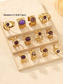 1/4/8/11pcs 304 Stainless Steel 18k Gold Plated Open Ring Set, Oval, Heart, Round, Star, Heart, Leaf Multi- Design With Purple Gemstone Inlay, Adjustable Open Size, Suitable For Women, Versatile For Daily, Commute, Date, Layering Wear (Random Non-Duplicate Styles Shipped) Or Purchase Full Set - Yellow Gold - View 5