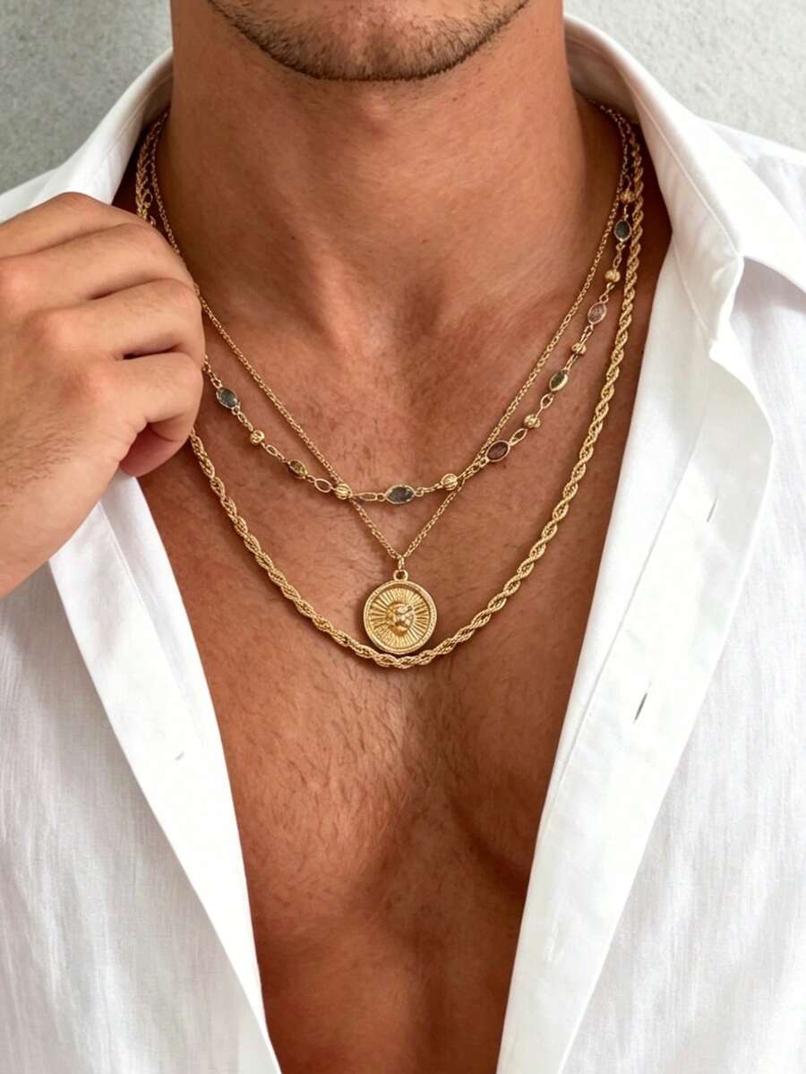 3pcs/Set Men's Gold Layered Necklace, Gemstone Beaded Design With Sun Round Pendant And Twisted Rope Chain, Stackable, Luxury Old Money Style Jewelry