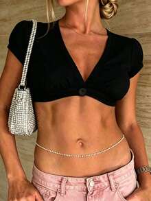 Women's Vacation V-Neck Puff Sleeve Cropped Top, Slim Fit Multiple Colors Spring Summer Wear, Perfect For Beach, Party, Daily Casual Outfit - 黑色 - 查看 10