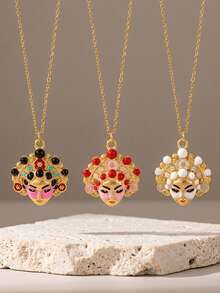 Stainless Steel Retro Floral Masquerade Mask Pendant, Gold-Plated Enamel Personalized Necklace - Gold - View 9