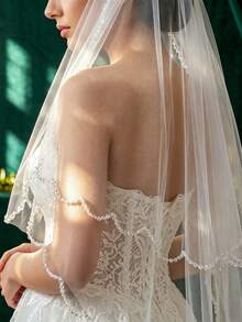 1pc Double Layer Crystal Beaded Edge Wedding Veil, Heavy Work Bridal Short Veil, High Quality Soft Tulle - Multicolor - View 5