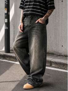 Celana Jeans Pria Model Lurus Longgar Gaya Vintage, Celana Panjang Longgar Bergaya Retro Amerika, - Grey - View 4