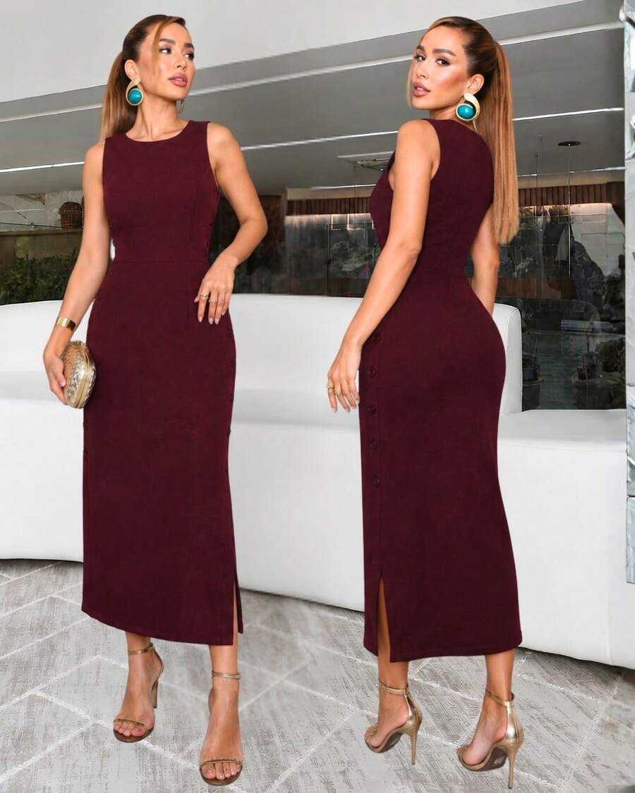 Women's Midi Dress Elegant Casual Buttons Front Simple Button - Burgundy - View 1