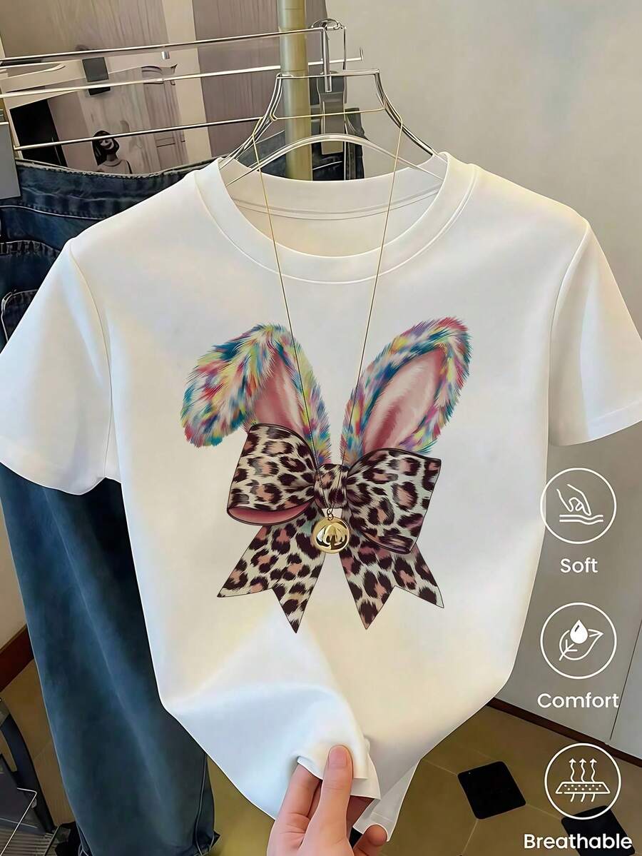 Women's White T-Shirt With Rabbit Ears And Paws In Leopard Print, Fashionable Animal Print T-Shirt, Casual Summer Blouse With Cute Bunny Design, Aesthetic And Fun Top - Black and White - View 1