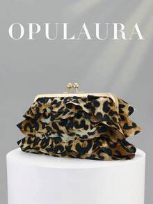 OpulAura 女款精緻迷人花瓣宴會手拿包，豹紋荷葉邊設計晚宴包，晚禮服搭配包，適用於婚禮/度假/正式派對/舞會場合，附鍊條，花瓣形狀隨機發貨 - 棕色 - 查看 6