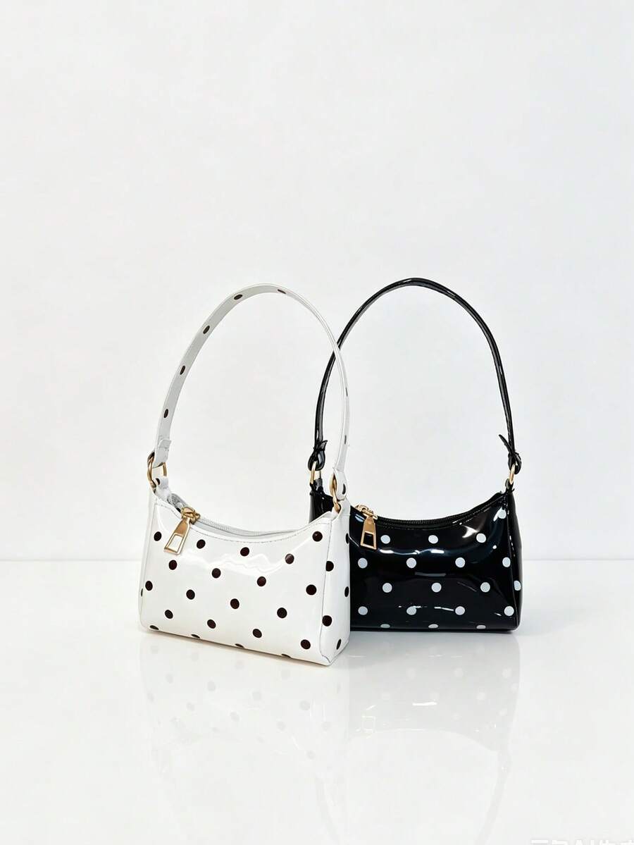 Vintage Polka Dot Patent Leather Handbag, French PU Hand-Carried Bag, Versatile Mini Lipstick Coin Purse - A - View 1