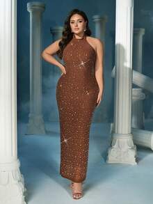 QOQ Women Plus Size Halter Sleeveless Rhinestone Prom Maxi Dress, Backless Slit Bodycon Formal Evening Gown, Elegant Wedding Guest Cocktail Party Dresses - Brown - View 4