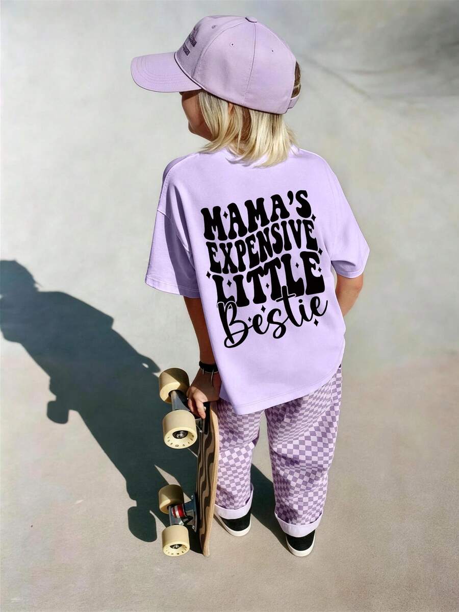Girls Smiling Slogan Print Round Neck Short Sleeve T-Shirt, Casual Children T-Shirt For Spring/Summer. Round Neck T-Shirt Suitable For School, Vacation And Shopping - Mauve Purple - View 1
