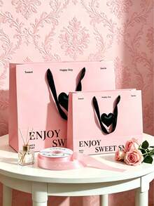 Ins風美學粉色愛心禮品袋，附 Just For You 緞帶，奢華紙質手提袋，適用生日、情人節、婚禮、節日禮物包裝袋 - 查看 5