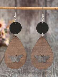 A Pair Of Bohemian-Style Brown And Black Color-Blocked Wooden Openwork Butterfly Earrings, Long Vacation Style Earrings - Brown - View 7