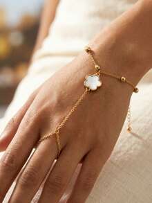 1pc Fashion Elegant Personalized Metal 5-Petal Flower CCB Bead Finger Chain Bracelet For Daily Wear And Shopping - Gold - View 6