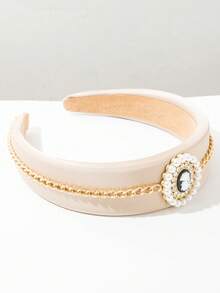 1 pieza Diadema de sirena de banda ancha con cadena de metal y decoración de gemas y perlas, accesorio para el cabello elegante y dulce de moda europea y americana, personalizado y creativo de alta gama para citas y banquetes, accesorio de ropa exquisito para mujeres - FG1559 - Caqui - Ver 2