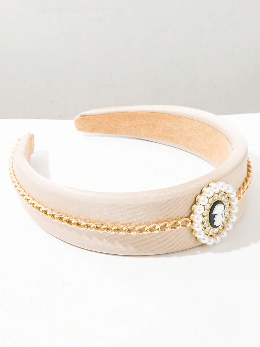 1 pieza Diadema de sirena de banda ancha con cadena de metal y decoración de gemas y perlas, accesorio para el cabello elegante y dulce de moda europea y americana, personalizado y creativo de alta gama para citas y banquetes, accesorio de ropa exquisito para mujeres