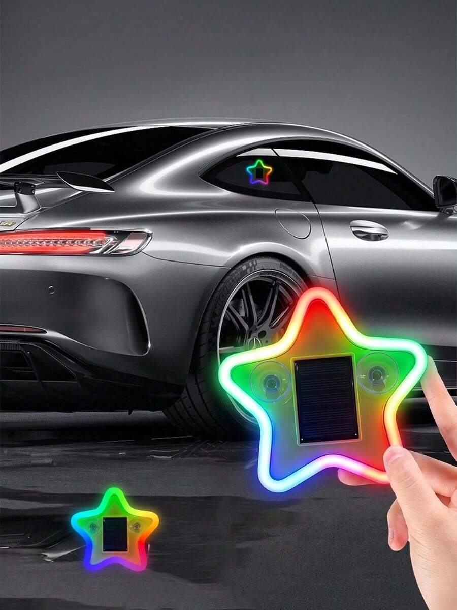 太陽能星星車用 LED 氛圍燈,霓虹發光五角星車窗裝飾燈,3.7V 300mAh 電池供電,適用於汽車後窗、側窗、車內空間及低光環境,低光自動開啟,震動感應燈,免接線簡易安裝,輕巧不佔空間 - 多色 - 查看 1