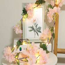 1pc Leaf Cherry Blossom Vine String Lights, Artificial Hydrangea Vine, Hanging Faux Hydrangea Vine Suitable For Room Anniversary, Wedding, Birthday, Mother's Day, Father's Day, Thanksgiving, Party Decoration Leaf Garland, Floral Wreath, Pink Gradient Flowers, Battery Box Powered (Batteries Not Included) - Cherry Blossoms - View 5