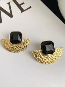 1Pair Retro Textured Fan Shaped Multicolor Square Earrings, European Style Women's Jewelry, Perfect For Party, Festival And Daily Wear - Black - View 6