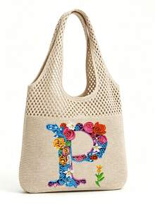 LFIRSTL Women's Crochet Tote Bag | 26 Personalized Initial Options, Bohemian Floral Mesh Beach Bag, Large Capacity Knitted Shoulder Handbag, Suitable For Summer Vacation, Travel And Daily Commute - Khaki - View 8