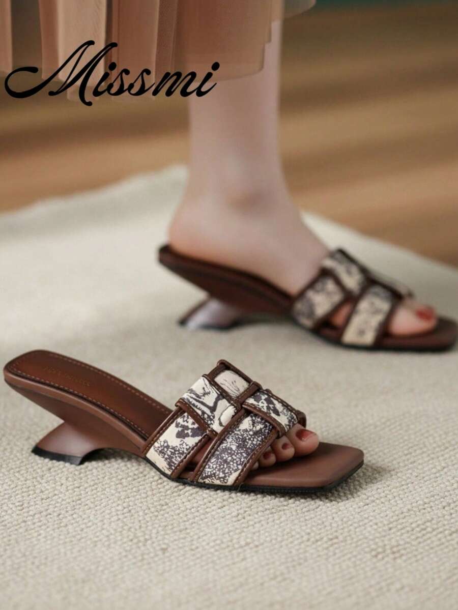 Square Toe Strap Sexy Chic High Heel Sandals, Wedge Platform Korean Fashion Summer Woven Slides For Women - Brown - View 1
