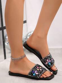 Women's Black Rhinestone Flat Slides, Square Toe Open Toe Slip-On Sandals, Shiny Crystal Summer Casual Mules - Black - View 5