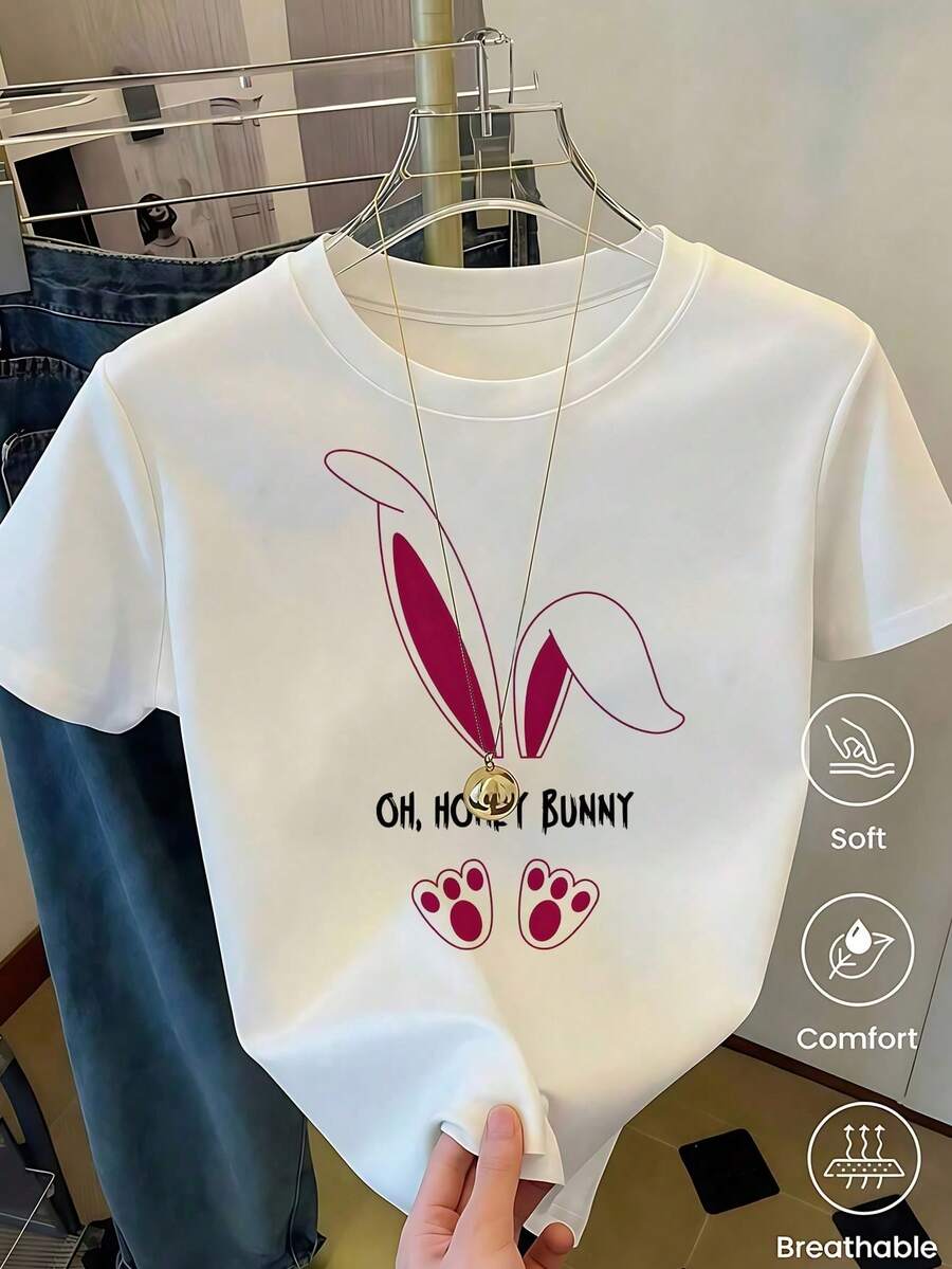 Women's White T-Shirt With Rabbit Ears And Paws In Leopard Print, Fashionable Animal Print T-Shirt, Casual Summer Blouse With Cute Bunny Design, Aesthetic And Fun Top - 紅色和黑色 - 查看 1