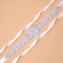 1pc Handmade Rhinestone Bridal Belt Women's Rhinestone Wedding Dress Accessory - Sliver Applique + Ivory Ribbons - View 4
